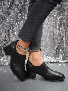 女性方頭針織線彩彈性防滑短筒踝靴,舒適短粗跟 - 黑色 - 查看 2