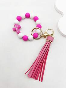 1pc Cross Shape Silicone Beaded Bracelet With Tassel Keychain, For Car Key, Bag, Father, Mother, Friends' Gifts - Pink - View 9