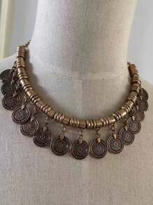 欧美时尚复古几何3d波西米亚风玻璃项链吊坠配流苏手工编织，仿古银链项链；欧美时尚波西米亚风复古夸张个性古铜色圆形吊坠项链锁骨链 - 項鍊 - 查看 3