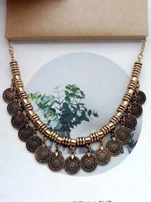 欧美时尚复古几何3d波西米亚风玻璃项链吊坠配流苏手工编织，仿古银链项链；欧美时尚波西米亚风复古夸张个性古铜色圆形吊坠项链锁骨链 - 項鍊 - 查看 7