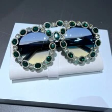 1 Pair Green Rhinestone Decor Top Bar Boho Vintage Fashion Glasses Women For Party And Outdoor - Dark Green - View 3