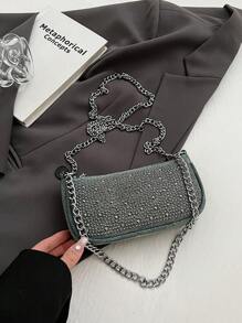 1個通勤包鉚釘袋子肩袋攜帶式,適用於秋冬節日工作學校時尚鉚釘裝飾牛仔材料,適用於大學生女人少女辦公室工作者愛人送禮使用 - 綠色 - 查看 5