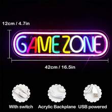 Game Zone Neon Sign With Rgb Led Lights, Wall Mounted Usb Powered Night Light With Switch Button