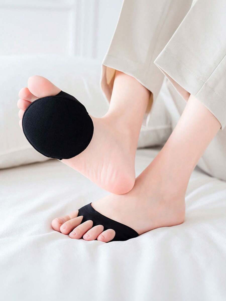 1pair Women's Forefoot Half Toe Socks With Sponge Pad And Invisible Design - Black - View 1