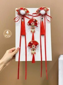 2pcs Kids' Hair Accessories Red Fringe Tassel Fan-Shaped Flower & Alligator Hair Clip - Red and White - View 1