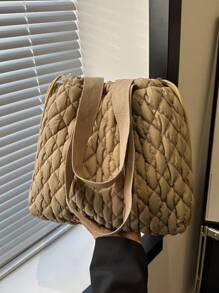 刺绣格子时尚单肩包，抽绳流浪包适合女孩和女士，非常适合购物、通勤、周末度假和日常使用 - 卡其色 - 查看 11