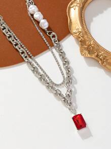 1 件酷炫嘻哈风格双层不对称珍珠和红宝石装饰情侣项链，适合男女日常佩戴 - 紅色 - 查看 2