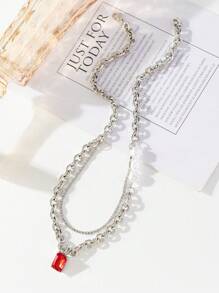 1 件酷炫嘻哈风格双层不对称珍珠和红宝石装饰情侣项链，适合男女日常佩戴 - 紅色 - 查看 1