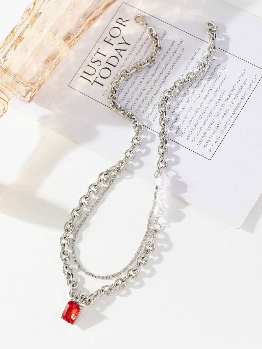 1 件酷炫嘻哈风格双层不对称珍珠和红宝石装饰情侣项链，适合男女日常佩戴 - 紅色 - 查看 1