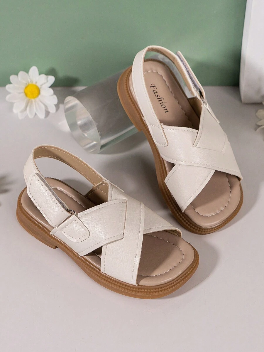 1pair Girls' White Sandals With Crisscross Straps And Open Toe Design, Perfect For Summer - Beige - View 1