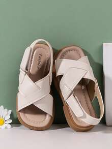1pair Girls' White Sandals With Crisscross Straps And Open Toe Design, Perfect For Summer - Beige - View 3