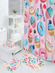 4入組創意甜甜圈淋浴簾,防水淋浴簾,12個掛鉤,浴室墊,u型馬桶墊,馬桶墊,浴室裝飾,淋浴簾套裝 - 彩色 - 查看 1