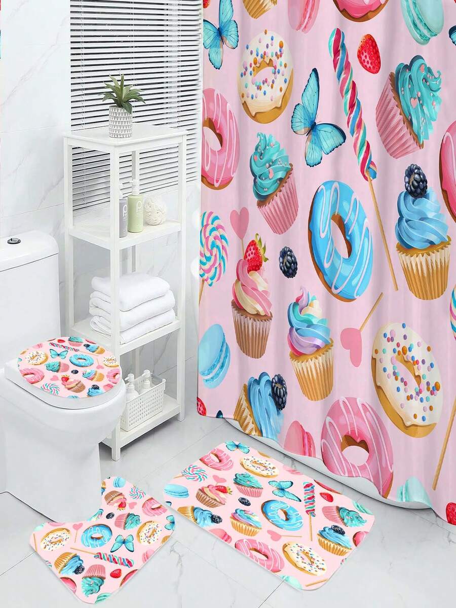 4入組創意甜甜圈淋浴簾,防水淋浴簾,12個掛鉤,浴室墊,u型馬桶墊,馬桶墊,浴室裝飾,淋浴簾套裝 - 彩色 - 查看 1