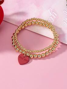 1套2個串珠心形吊墜手鐲,情人節禮物