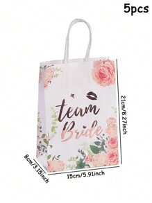 5pcs Gold Foil Printed Wedding Favor Bags With Delicate Floral Design, Lettering & Handles - White - View 2