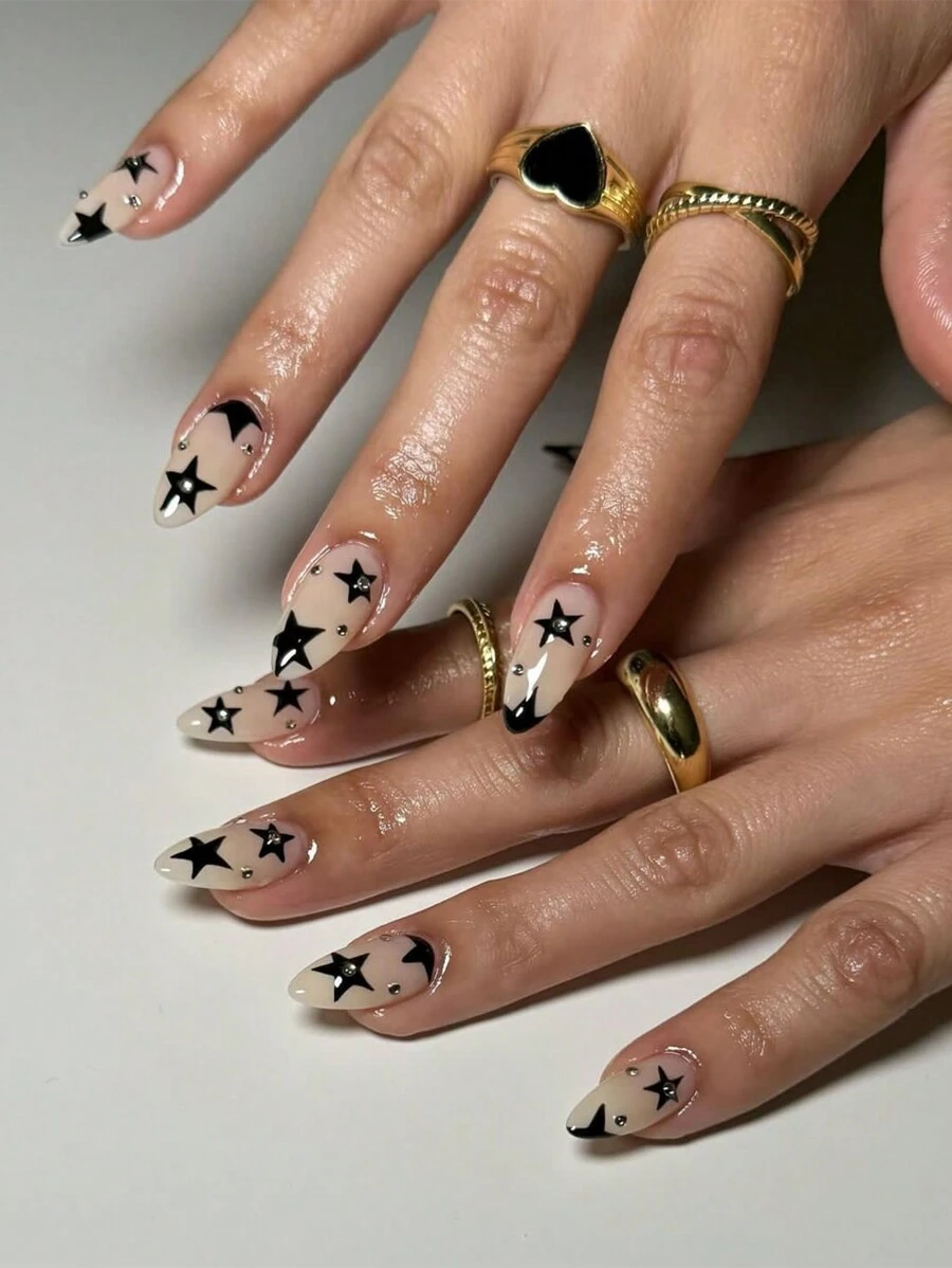 24PCS Short Almond Press On Nail Novelty  Black Stars And Rhinestone Decor  Y2K Fake Nail For Women And Girls - Multicolor - View 1