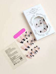 24PCS Short Almond Press On Nail Novelty  Black Stars And Rhinestone Decor  Y2K Fake Nail For Women And Girls - Multicolor - View 2