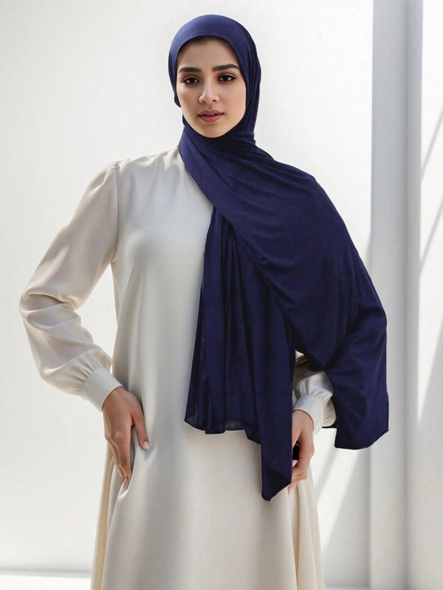 1pc Solid Color Breathable Modal Scarf-Style Headband, Suitable For Daily Life For Abaya - Navy Blue - View 1