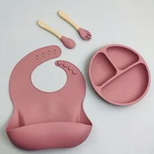 4件兒童純色矽膠餵食餐具套裝,包括矽膠分板、圍兜、木叉湯匙套裝,適合日常使用 - 紅色 - 查看 1