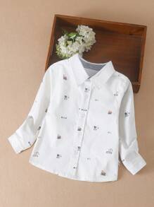 Young Boy Collared Excavator Printed Long Sleeve Shirt, Spring