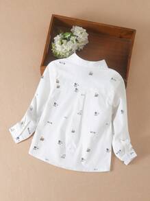 Young Boy Collared Excavator Printed Long Sleeve Shirt, Spring