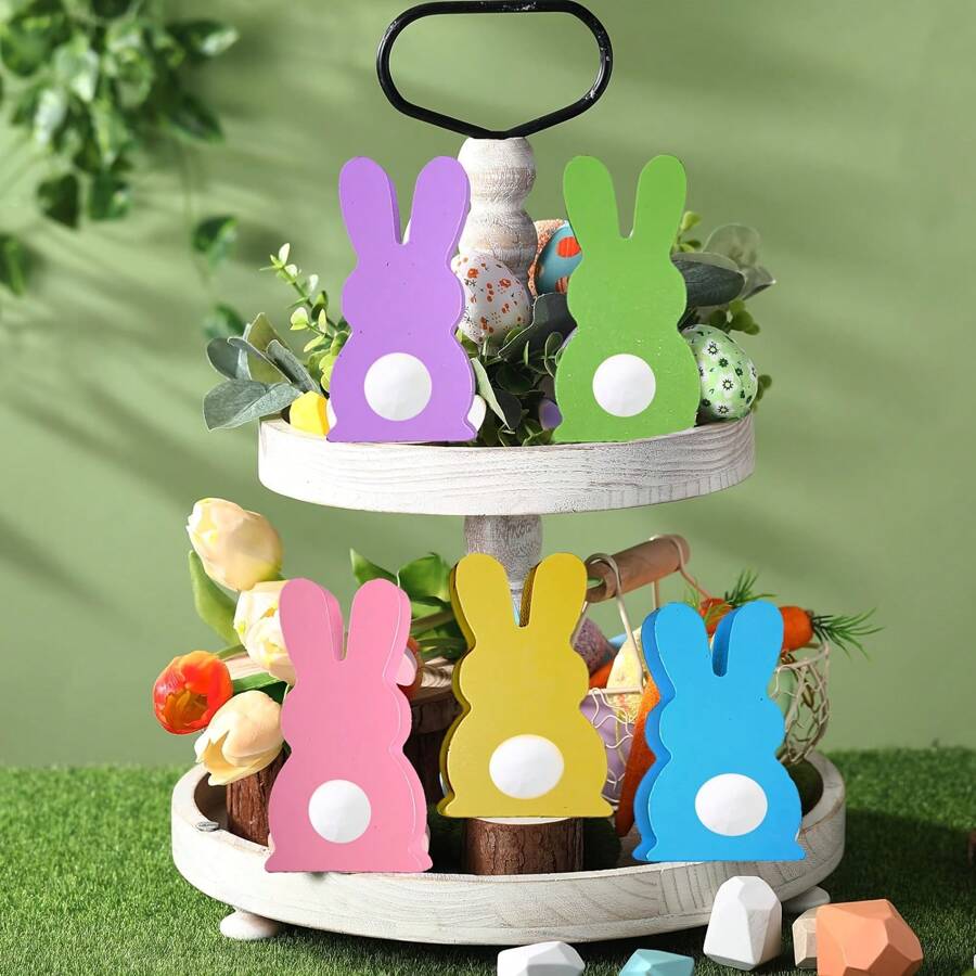 10pcs Easter  Multiple Colors Bunny Wooden Signs  Easter Tiered Tray Decor Set Rustic Wood Table Sign Spring Tabletop Decorations For Home Farmhouse Decor - Multicolor - View 1