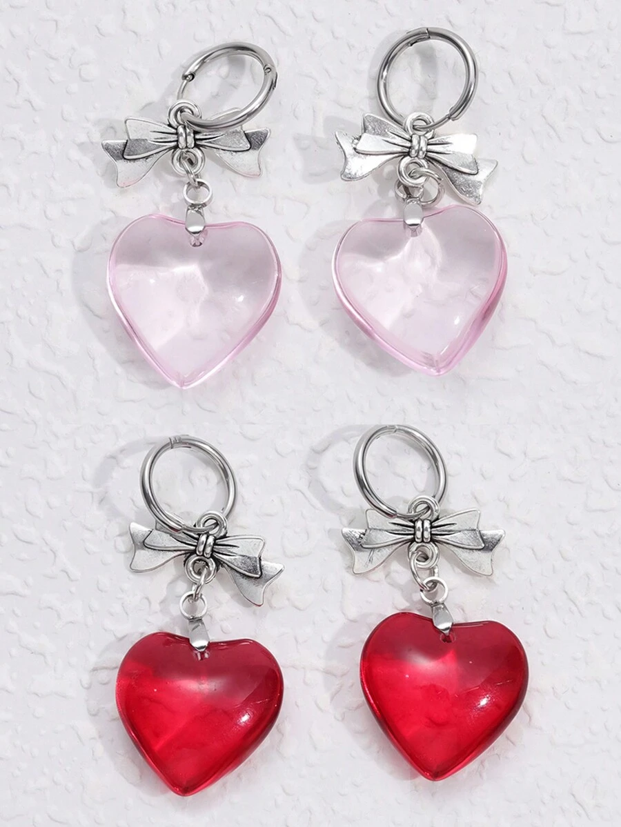 1 对甜美酷炫原宿红色玻璃心形吊坠耳环，适合女士热销女孩礼物 Y2K 朋克蝴蝶结耳环配饰 - 心形 - 查看 1