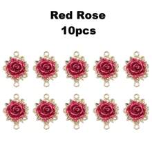10pcs Alloy & Resin Rose Pendants Diy For Earrings, Necklaces, Bracelets, Valentine's Day Accessory, Double Hole Red & White Rose Jewelry Connector Valentines