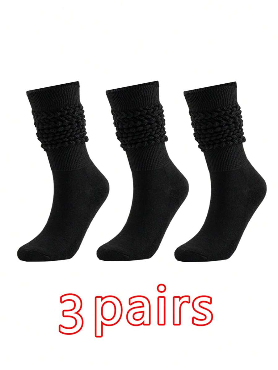 3雙/套女士隨機款式中筒膝蓋袜,防滑口袋腿暖器 - 黑色 - 查看 1