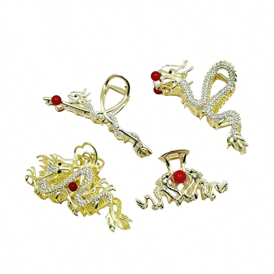 1 件（新年）風生肖龍設計鋅合金水鑽髮夾適合女士髮髻裝飾 - 金色-精緻龍騰款 - 查看 1