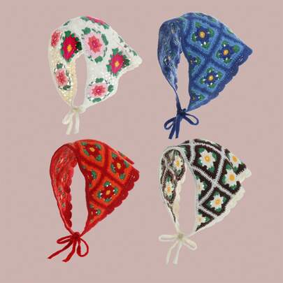 1件复古乡村风钩针编织沙滩发带三角巾波西米亚风发饰，头巾发带，女士发箍，发带蝴蝶结发饰