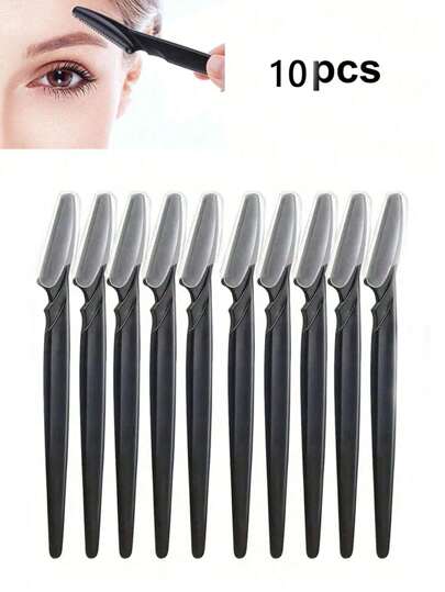 10件套黑色不锈钢眉刀，带防护网，适用于面部和身体毛发修剪，非常适合初学者，防止剃刀灼伤。可用于化妆、家居装饰、梳妆台、旅行、卧室等场合。也可用于化妆配件、眉刀、圣诞礼物等。
