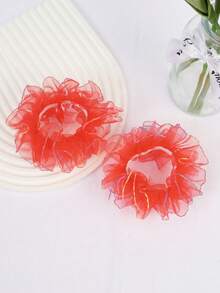 2pcs Children's Flower Hair Ties For Kids' Bun Hair Styles, Elastic Stretchy Hairbands Without Hurting Hair - Red - View 4