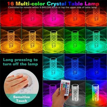クリスタルローズ テーブルランプ Rgb 16色のリモートコントロール付き 1個入り Usb充電式 バー・ktvなどのおしゃれな照明 ベッドサイドやリビングのインテリア用にも最適