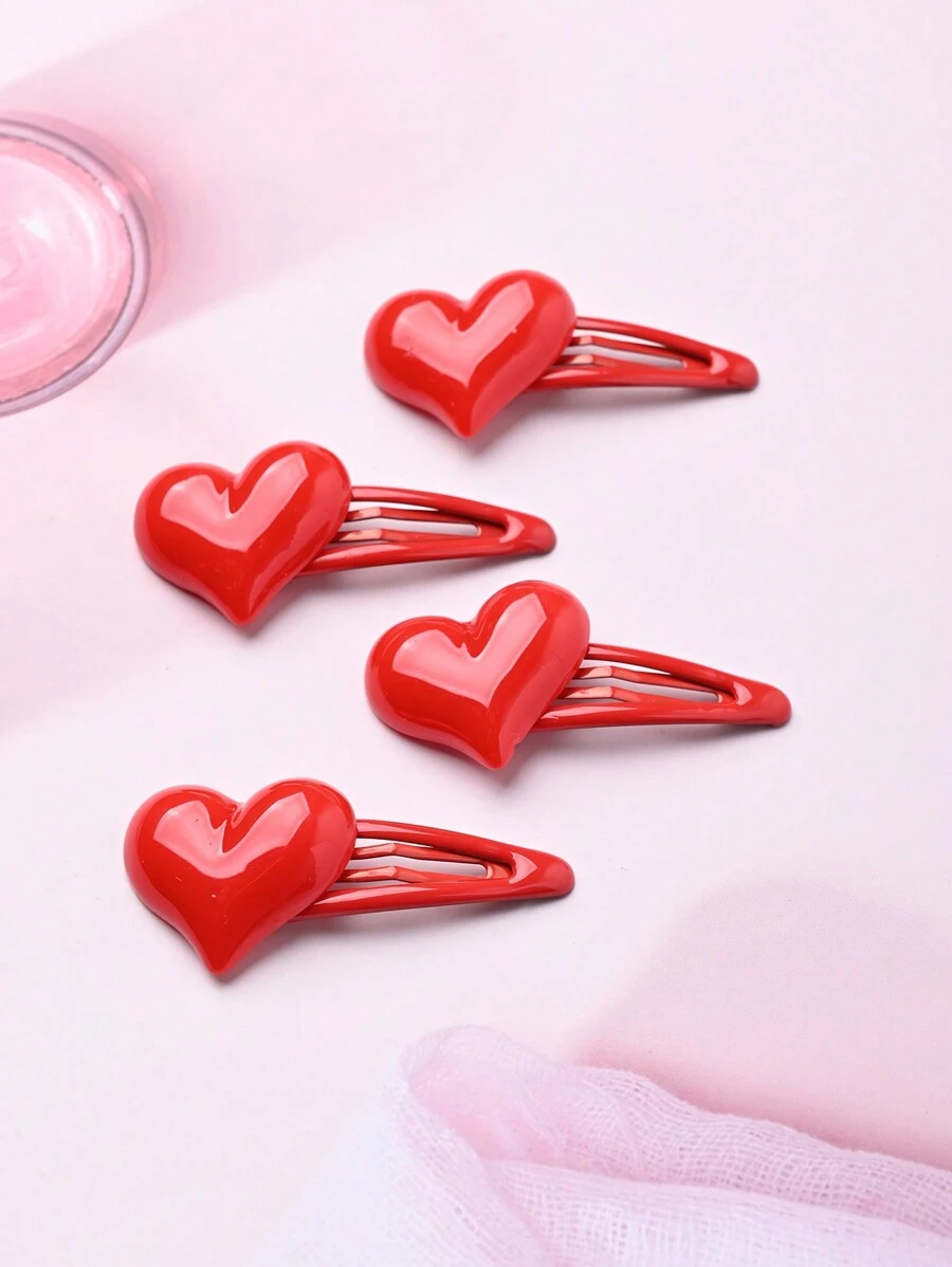 4 Piezas Pinzas De Cabello En Forma De Corazón Rojo Para Chicas, Adecuadas Para Uso Diario - Rojo - Ver 1
