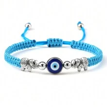 1 pieza Brazalete trenzado vintage con cuentas de ojo turco azul, hilo de nailon, dije de aleación con elefante, joya de pulsera y brazalete de pareja