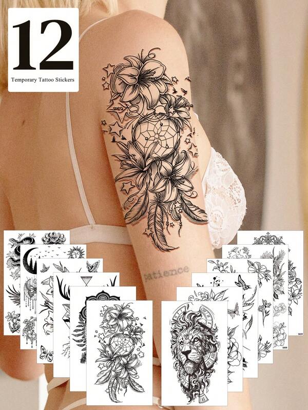 12 Half Arm Temporary Tattoos Sleeve Tattoos Waterproof Realistic Long