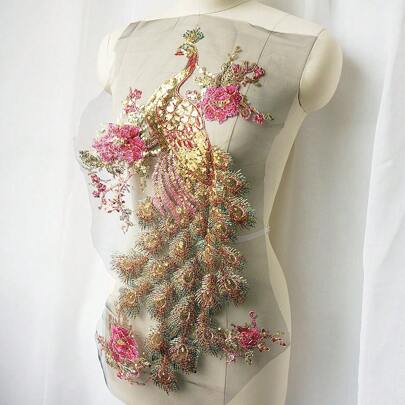 1pc Sequin Peacock Flower Embroidery Applique, Great For Wedding Qipao, Dress And Suit Embellishment
