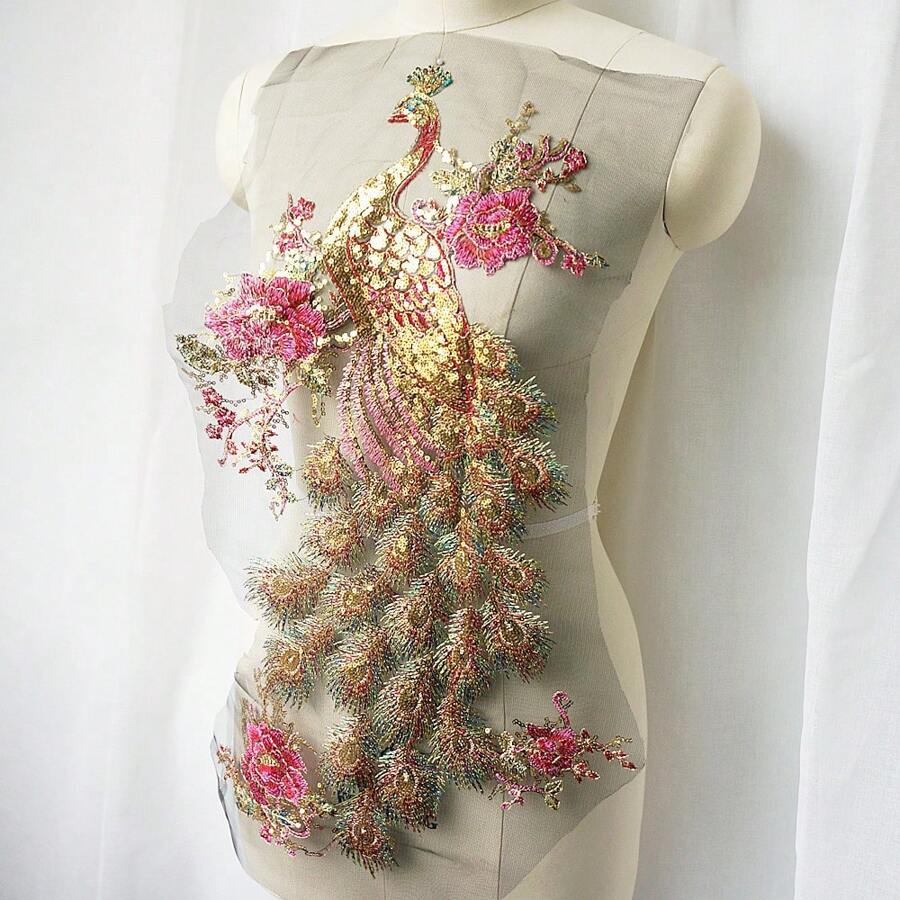 1pc Sequin Peacock Flower Embroidery Applique, Great For Wedding Qipao, Dress And Suit Embellishment - Pink - View 1