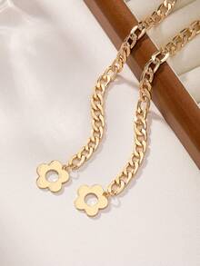 時尚類金屬厚鏈鈕扣並加入小花裝飾多功能現代風格手鍊和項鍊套裝,適用於女性 - 金黃色 - 查看 4