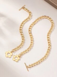 時尚類金屬厚鏈鈕扣並加入小花裝飾多功能現代風格手鍊和項鍊套裝,適用於女性 - 金黃色 - 查看 5