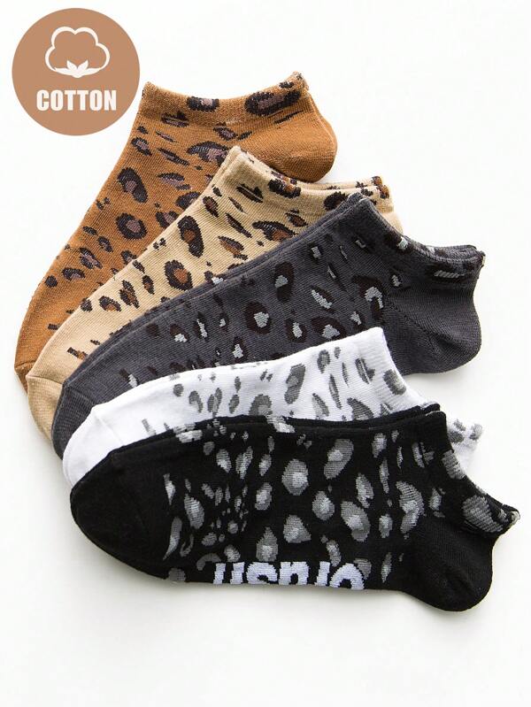 Set de 5 pares de calentadores de pierna/tobillo casuales y versátiles con estampado de leopardo para mujeres
