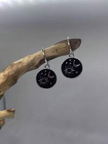 1对创意复古波西米亚珐琅日月星吊坠耳环锌合金镀银饰品个性女性配饰 - 彩色 - 查看 3