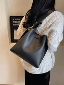 Large Capacity Fashion Handbag For Women,Solid Color,Suitable For Casual & Commuting,With Handle Or Crossbody Strap, Minimalist Style Women Bag - Black - View 2