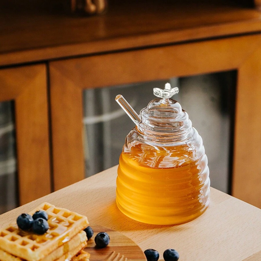 1入組蜜罐內含散裝蜜棒和蓋子,玻璃蜜罐共17個蜂巢形隔層,適用於家庭廚房、餐館、咖啡館 - 無色 - 查看 1