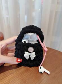 黑色手工鉤織蝴蝶結耳機盒掛繩 - 黑色 - 查看 2