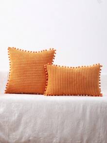 1入組法蘭絨格紋枕頭套附有毛球裝飾 - 亮橙色 - 查看 1