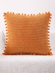 1入組法蘭絨格紋枕頭套附有毛球裝飾 - 亮橙色 - 查看 4