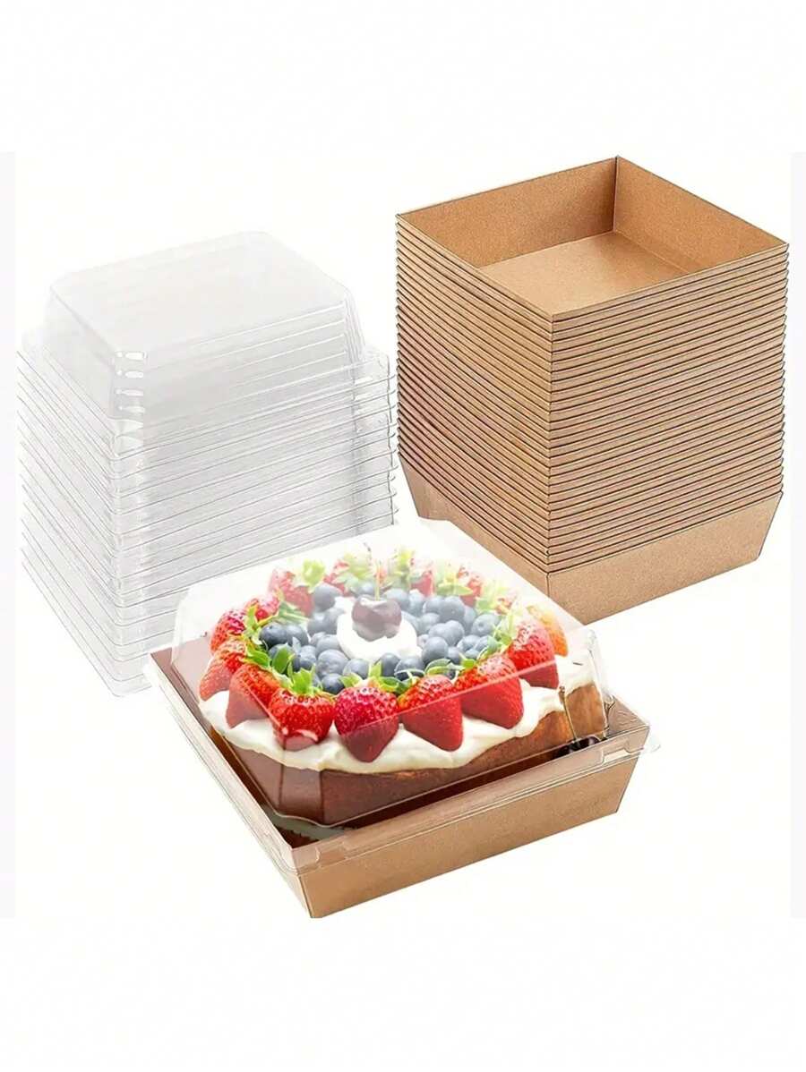 25個一次性紙盒附透明蓋,棕色餅乾與甜點盒,三明治、蛋糕片、杯子蛋糕、巧克力草莓食品容器,廚房配件、烘焙用品、廚房收納與整理、學校用品、食品袋、食品盒,適用於糖果、巧克力、餅乾等 - 棕色 - 查看 1