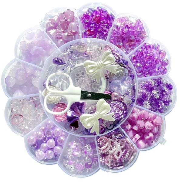 Three Piece Set Of 13 Grid Flower Box Beads, Purple Series Acrylic Wind Chime Flowers And Round Beads Can Be Made Into Bracelet Series Mobile Phone Pendant